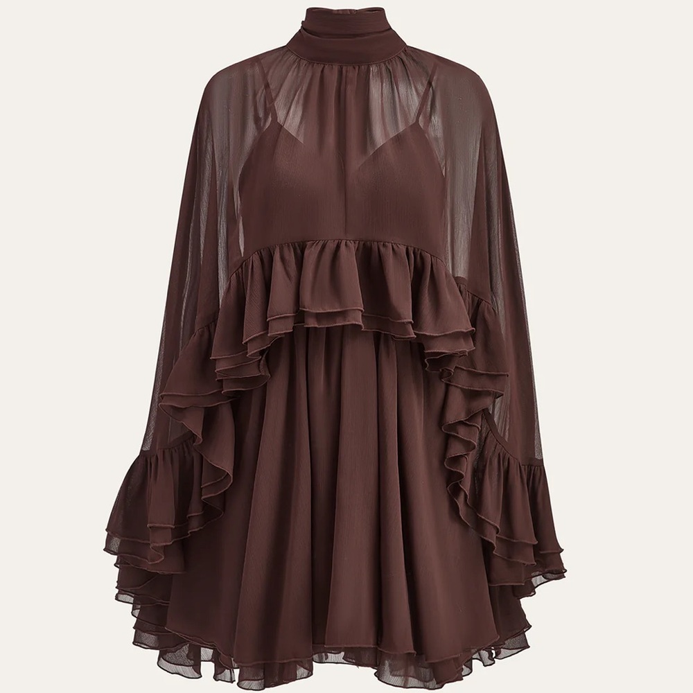 138 Semi-Sheer Chiffon Ruffle Dress With Outer Cape